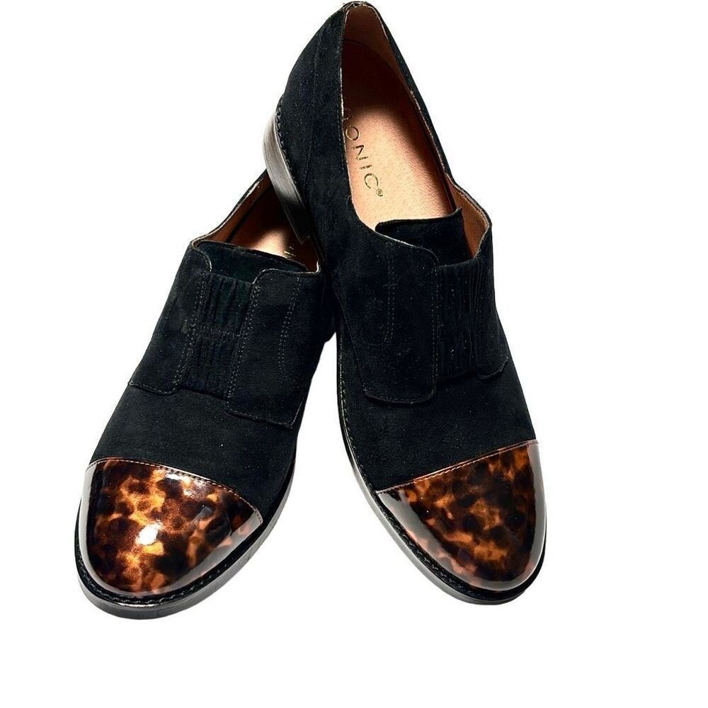 Vionic Black Suede Loafers with Tortoiseshell Cap Toe